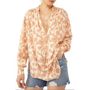 FREE PEOPLE Mia Tunic Top Sz M Pink Beige Floral VNeck Tie Front Viscose Woven